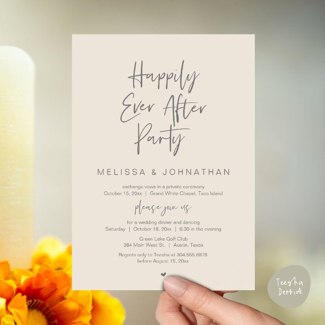 Happily Ever After Party, Wedding Elopement Dinner Invitation (Happily Ever After Party, Wedding Elopement Dinner Brunch Lunch Invitation Card, PDF, Cream Grey)