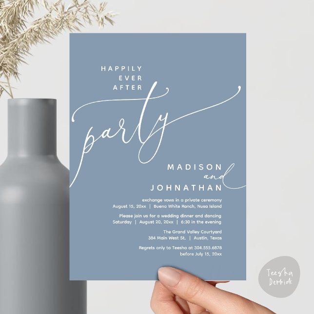 Happily Ever After Party Wedding Elopement Dinner Invitation (Romantic Happily Ever After Party Modern Wedding Elopement Dinner Invitation Card PDF Dusty Blue)