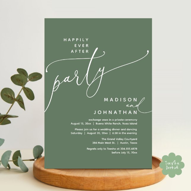 Happily Ever After Party Wedding Elopement Dinner Invitation (Romantic Happily Ever After Party Modern Wedding Elopement Dinner Invitation Card PDF Sage Green)