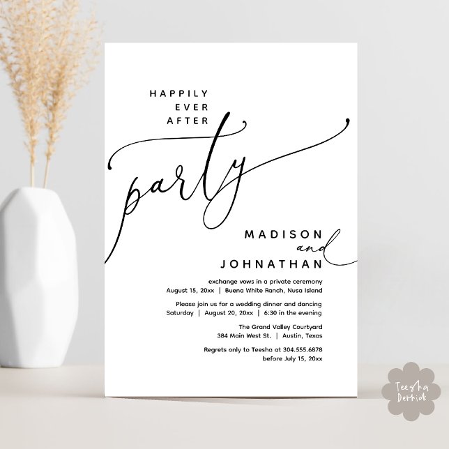 Happily Ever After Party Wedding Elopement Dinner Invitation (Romantic Happily Ever After Party Modern Wedding Elopement Dinner Invitation Card PDF Black White)