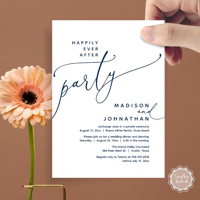 Happily Ever After Party Wedding Elopement Dinner Invitation (Romantic Happily Ever After Party Modern Wedding Elopement Dinner Invitation Card PDF Navy blue)