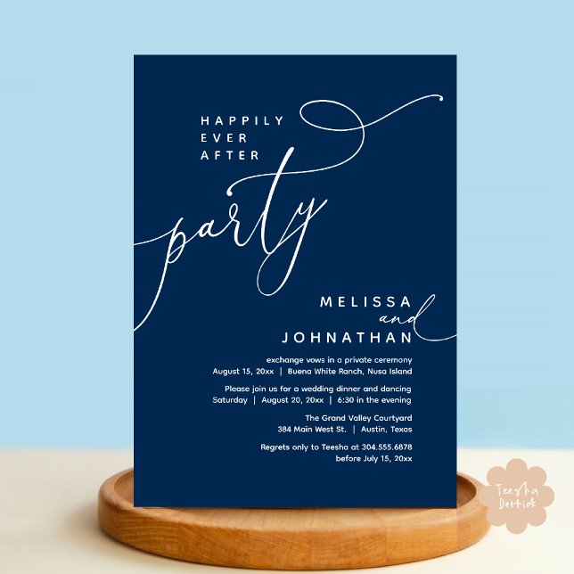 Happily Ever After Party Wedding Elopement Dinner Invitation (Romantic Happily Ever After Party Modern Wedding Elopement Dinner Invitation Card PDF Navy Blue)