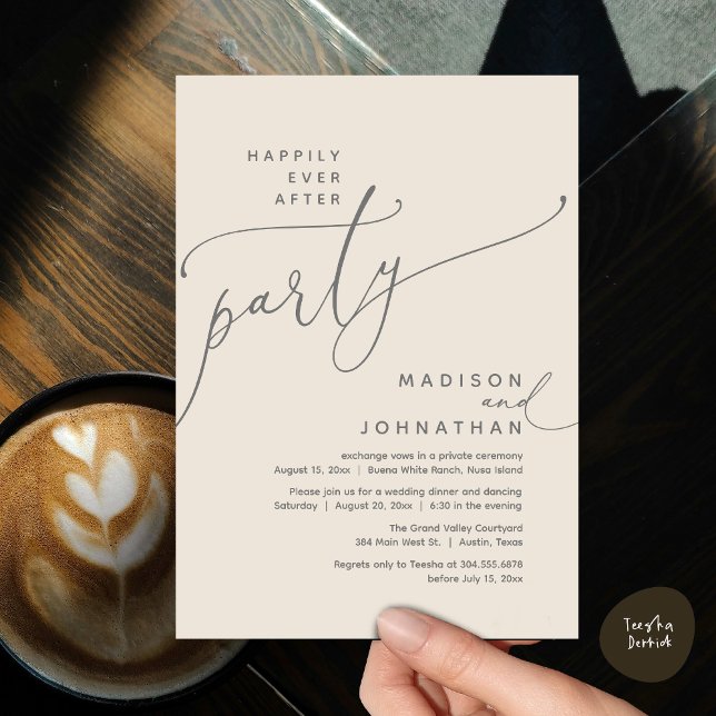 Happily Ever After Party Wedding Elopement Dinner Invitation (Romantic Happily Ever After Party Modern Wedding Elopement Dinner Invitation Card PDF Cream Grey)