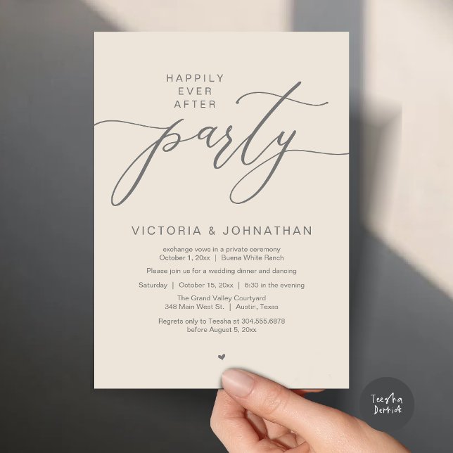 Happily Ever After Party Wedding Elopement Dinner Invitation (Romantic Happily Ever After Party Modern Wedding Elopement Dinner Invitation Card PDF Cream Grey)