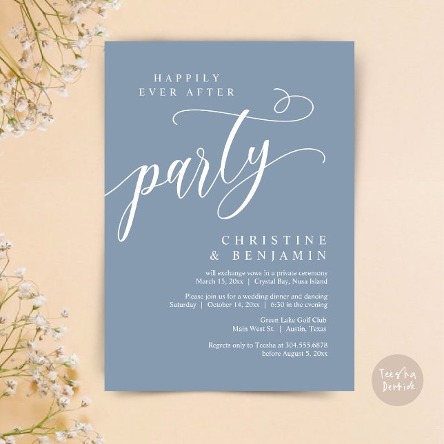 Happily Ever After Party, Wedding Elopement Invitation (Happily Ever After Party, Modern Romance Wedding Elopement Invitation Card, PDF, Dusty Blue)
