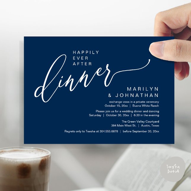 Happily Ever After Party Wedding Reception Dinner Invitation (Happily Ever After Party Modern Romantic Wedding Reception Dinner Invitation Card PDF Navy Blue)