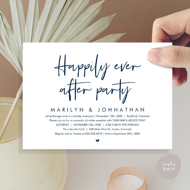 Happily Ever After Party, Wedding Reception Invitation (Happily Ever After Party, Modern Wedding Reception Invitation Card, PDF, Cash Bar in Navy Blue)