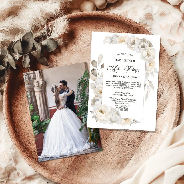 Happily Ever After Party White Floral Reception Invitation (Creator Uploaded)