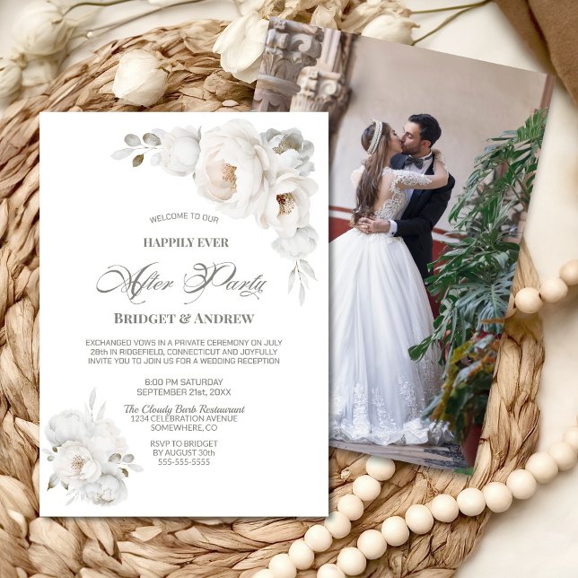 Happily Ever After Party White Floral Reception Invitation (Creator Uploaded)