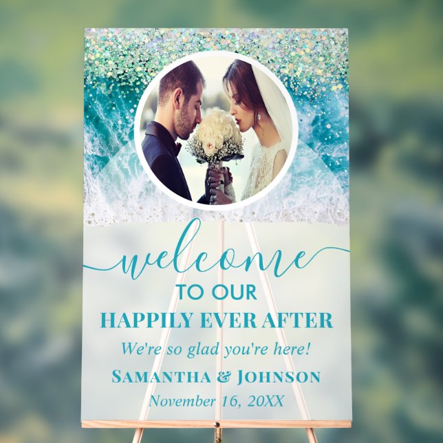 Happily Ever After Photo Beach Wedding Welcome Acrylic Sign (Neutral)
