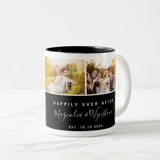 Happily Ever After Photo Collage Wedding Keepsake Two-Tone Coffee Mug (Front Right)