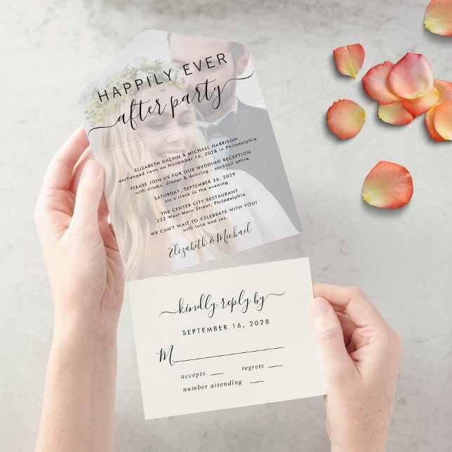 Happily Ever After Photo Cream Wedding Reception All In One Invitation (Creator Uploaded)