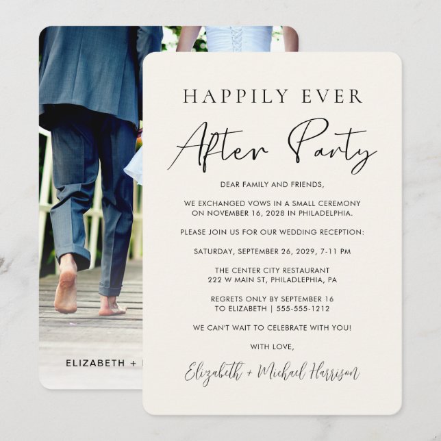 Happily Ever After Photo Cream Wedding Reception Announcement (Front/Back)