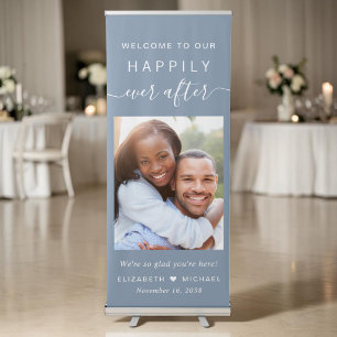 Happily Ever After Photo Dusty Blue Wedding Retractable Banner