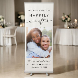 Happily Ever After Photo Ivory Wedding Welcome Retractable Banner