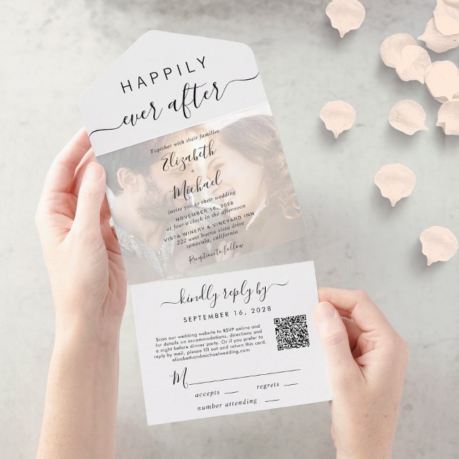 Happily Ever After Photo QR Code Wedding All In One Invitation (Our user-friendly template allows you to easily upload your photo and create your perfect invitation)