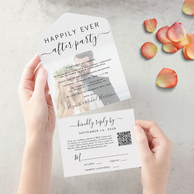 Happily Ever After Photo QR Code Wedding Reception All In One Invitation (Our user-friendly template will generate your QR code automatically from your website address)
