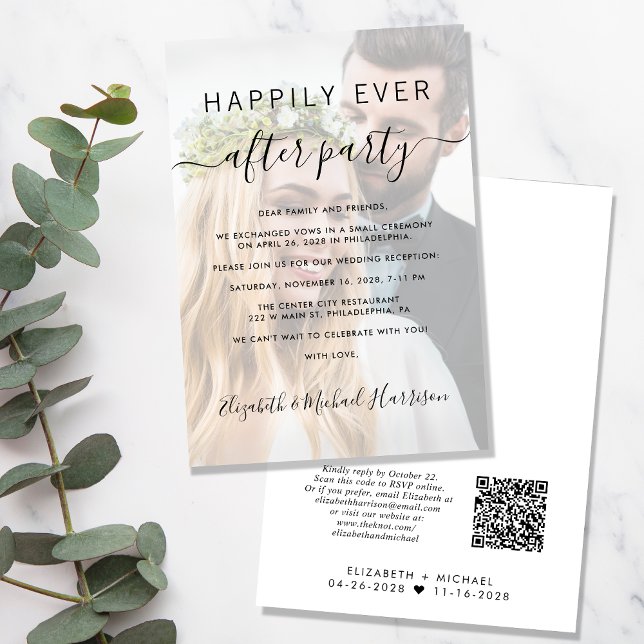 Happily Ever After Photo QR Code Wedding Reception Invitation (An chic Happily Ever After Party all-in-one invitation for your wedding reception celebration)