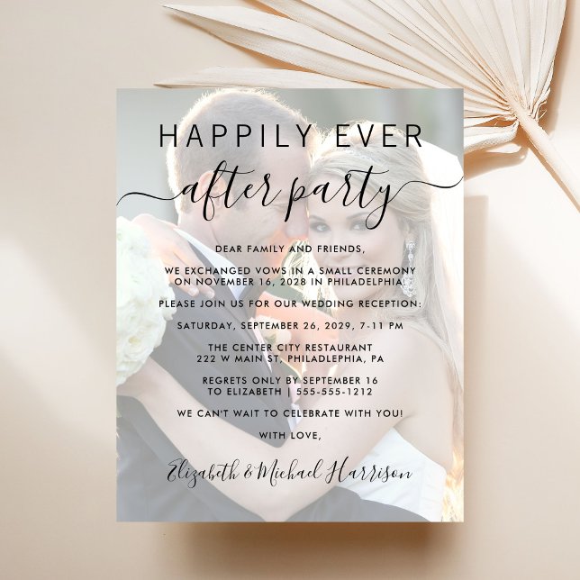 Happily Ever After Photo Wedding Reception Invite (A stylish photo overlay invitation for a reception to celebrate your elopement or private wedding)