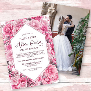 Happily Ever After Pink Floral Wedding Reception Invitation