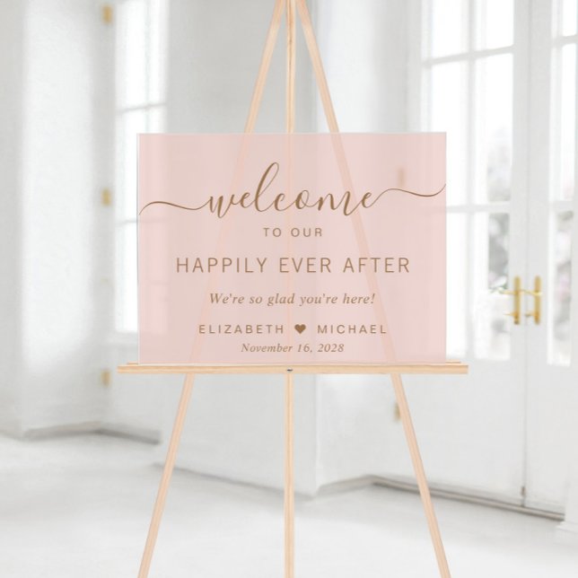 Happily Ever After Pink Gold Wedding Welcome Acrylic Sign (Creator Uploaded)