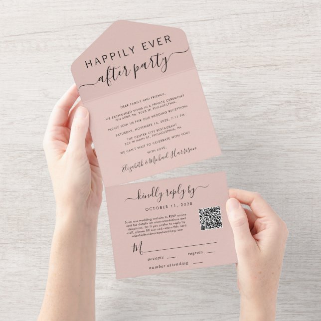 Happily Ever After QR Code Blush Wedding Reception All In One Invitation (Tearaway)