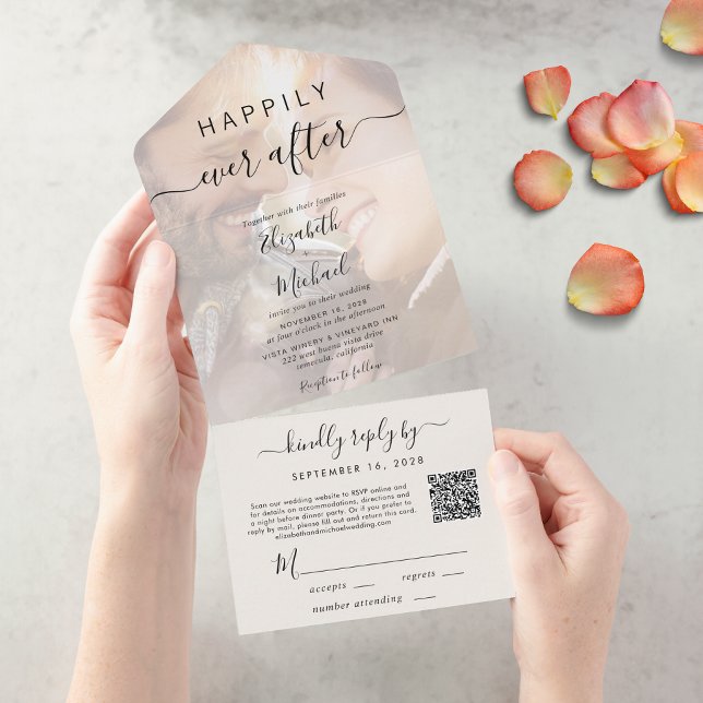 Happily Ever After QR Code Photo Cream Wedding All In One Invitation (Our user-friendly template will generate your QR code automatically from your website address)