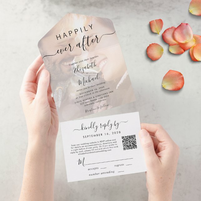 Happily Ever After QR Code Photo Wedding All In One Invitation (Our user-friendly template will generate your QR code automatically from your website address)