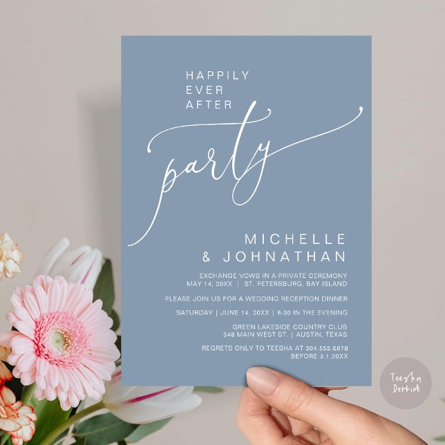 Happily Ever After Reception Dinner and Dancing Invitation (Happily Ever After Reception Dinner and Dancing Cash Bar, Adult only Invitation Card PDF Dusty Blue)