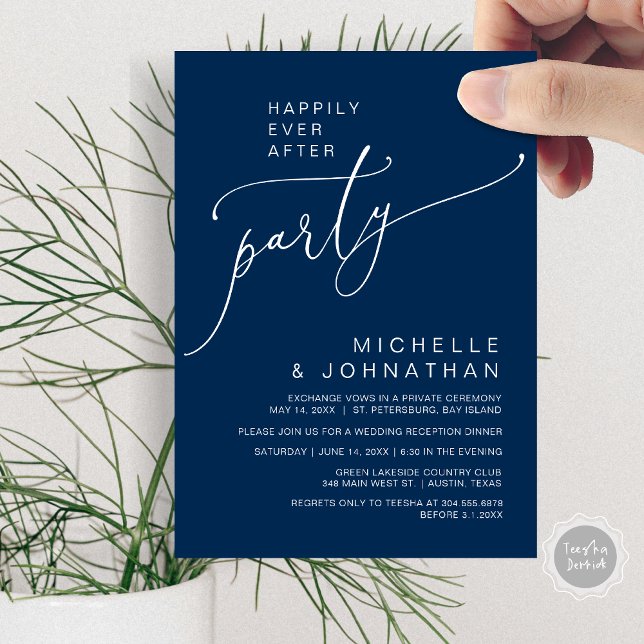 Happily Ever After Reception Dinner and Dancing Invitation (Happily Ever After Reception Dinner and Dancing Cash Bar, Adult only Invitation Card PDF Navy Blue)