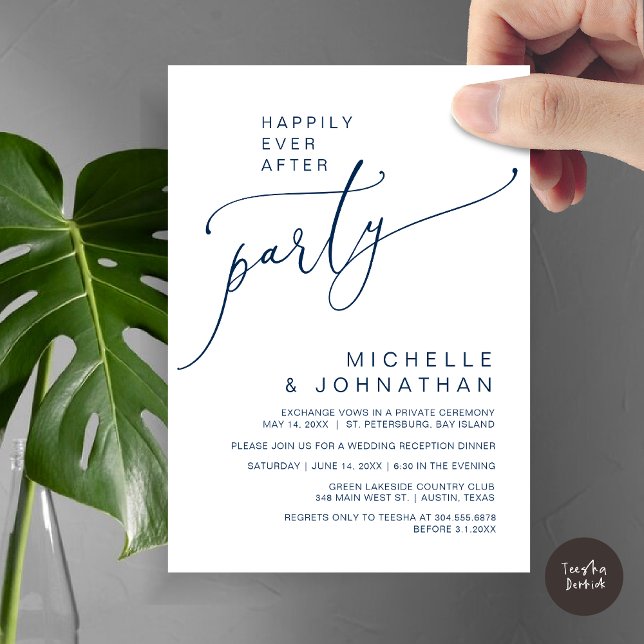 Happily Ever After Reception Dinner and Dancing Invitation (Happily Ever After Reception Dinner and Dancing Cash Bar, Adult only Invitation Card PDF Navy Blue)