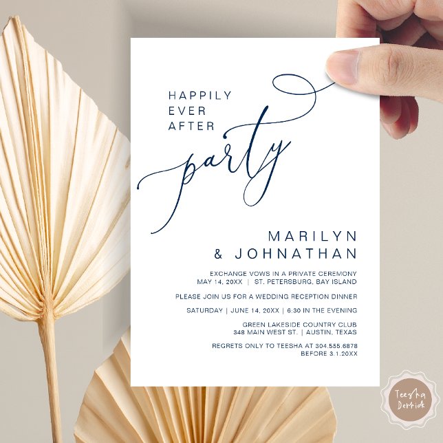 Happily Ever After Reception Dinner and Dancing Invitation (Happily Ever After Reception Dinner and Dancing Cash Bar, Adult only Invitation Card PDF Navy Blue)