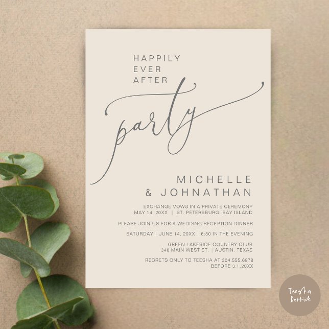 Happily Ever After Reception Dinner and Dancing Invitation (Happily Ever After Reception Dinner and Dancing Cash Bar, Adult only Invitation Card PDF Cream Grey)