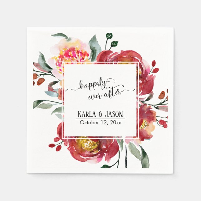 Happily Ever After, Red Watercolor Flower Bouquet Napkin (Front)