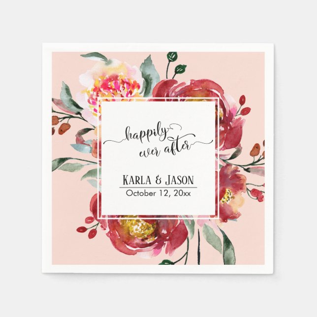 Happily Ever After, Red Watercolor Flowers, Blush Napkin (Front)
