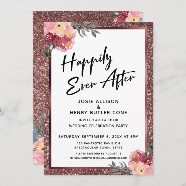 Happily Ever After Rose Gold Glitter and Flowers Invitation (Front/Back)