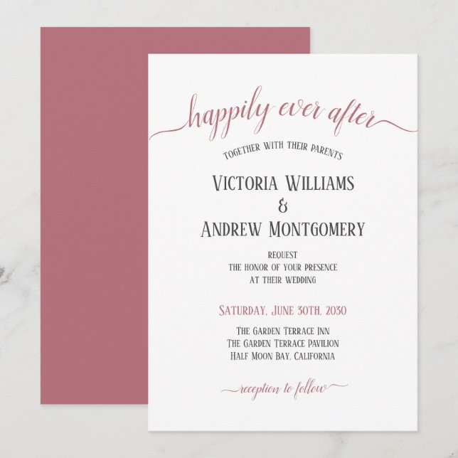 Happily Ever After Rose Gold Script Modern Wedding Invitation (Front/Back)
