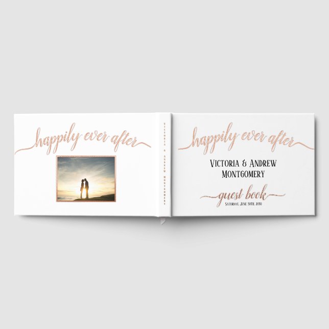Happily Ever After Rose Gold Script Photo Wedding Guest Book (Full)