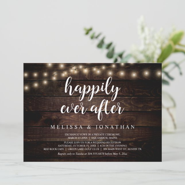 Happily Ever After, Rustic String Light, Elopement Invitation (Standing Front)