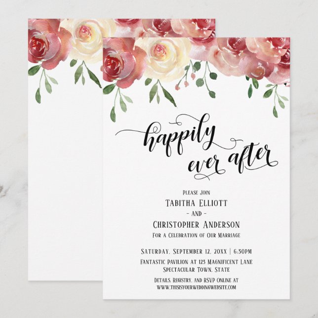 Happily Ever After Script, Burgundy, Blush Roses Invitation (Front/Back)