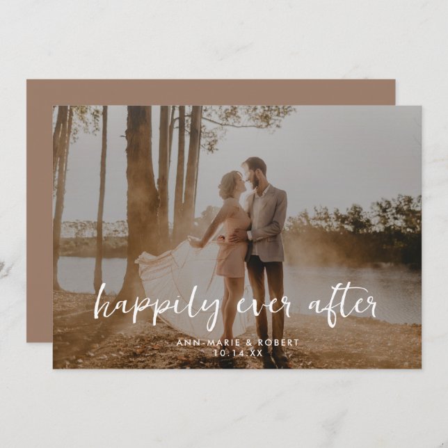 Happily Ever After Script Horizontal Photo Wedding Announcement (Front/Back)