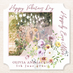 Happily Ever After Script Personalise Couple photo Paper Coaster