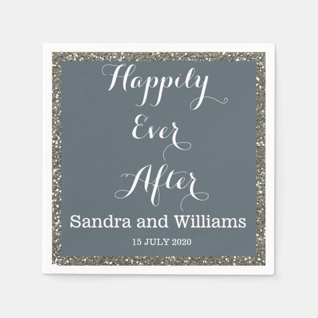'Happily Ever After'-Silver Glitter Personalised Napkin (Front)