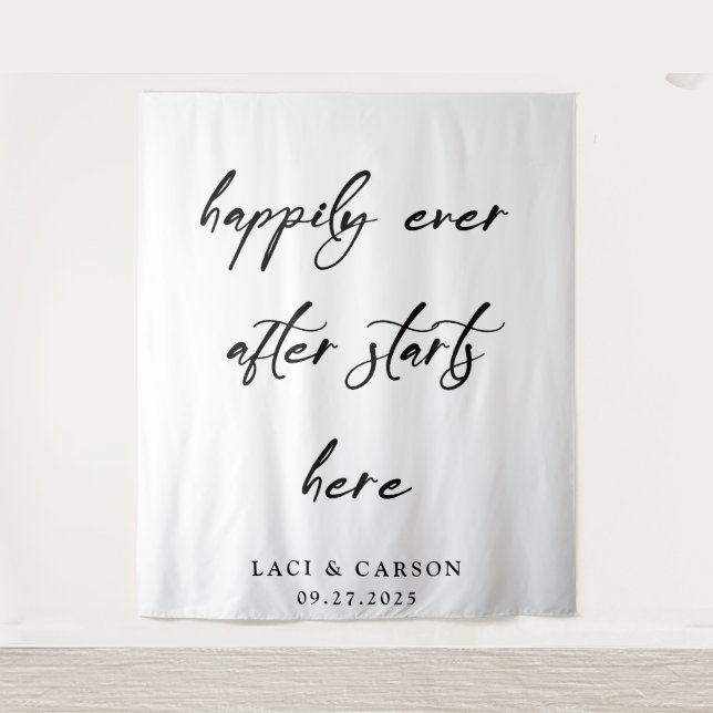 “Happily Ever After Starts Here” Wedding Backdrop  Tapestry (Front)