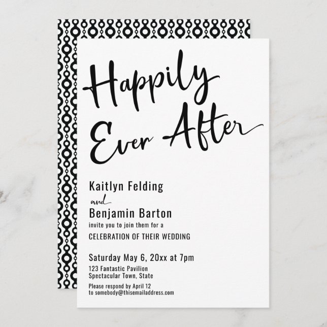 Happily Ever After Typography Bold Black White Invitation (Front/Back)