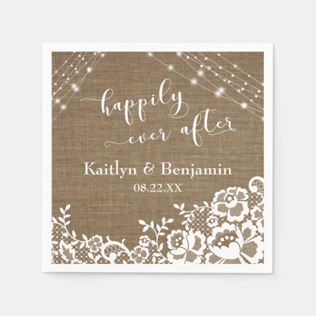 Happily Ever After w/ Burlap Lights & White Lace Napkin (Front)