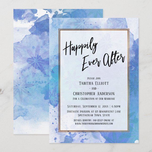 Happily Ever After w/ Gold Abstract Blue Splash Invitation (Front/Back)