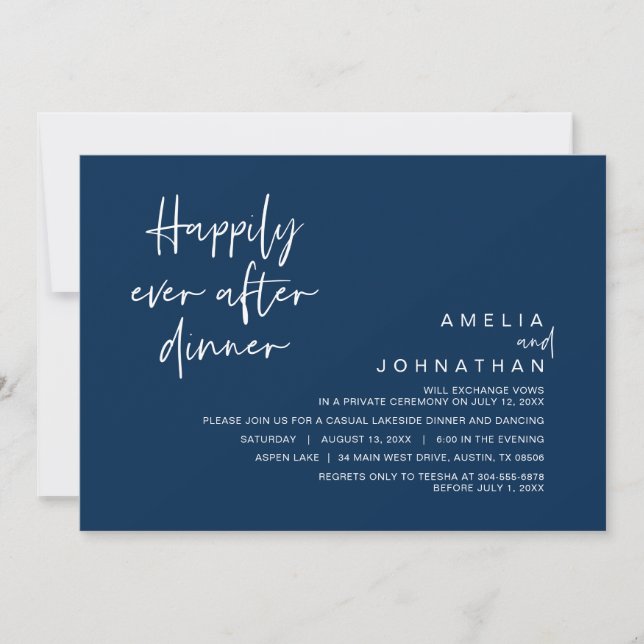Happily Ever After Wedding Dinner, Navy Blue Invitation (Front)