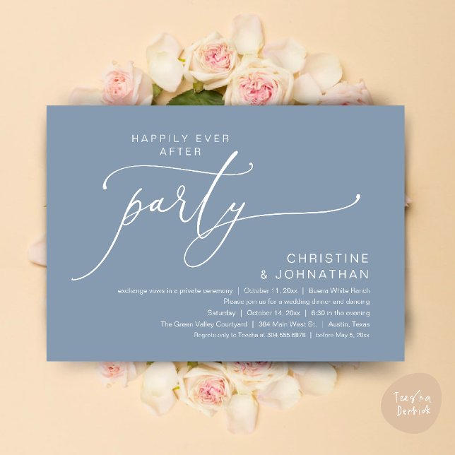 Happily Ever After Wedding Dinner Party Dancing Invitation (Happily Ever After Romantic Wedding Dinner Party Dancing Modern Clean Invites Card PDF Dusty Blue)