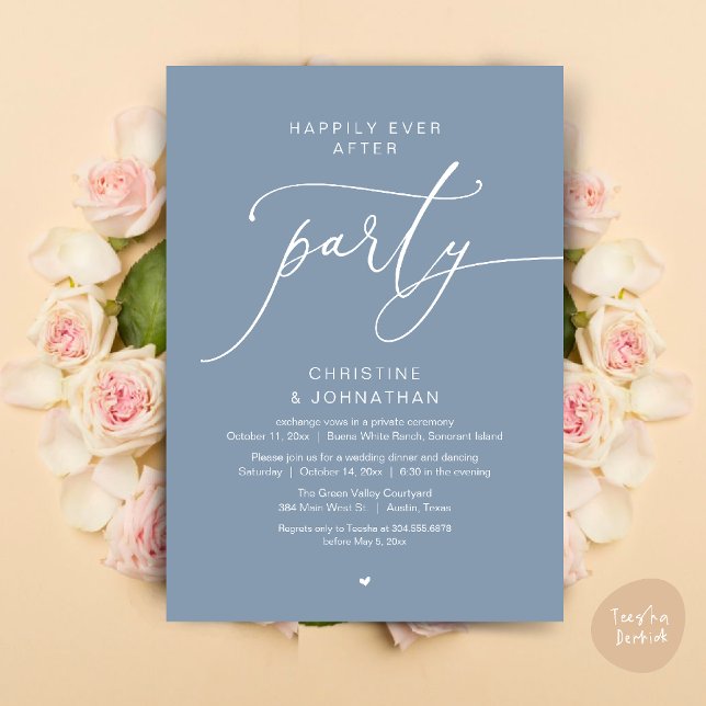 Happily Ever After Wedding Dinner Party Dancing Invitation (Happily Ever After Romantic Wedding Dinner Party Dancing Modern Clean Invites Card PDF Dusty Blue)